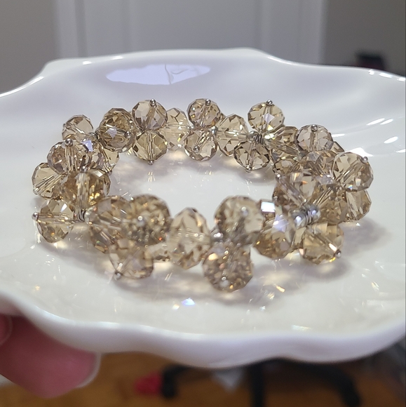 Chunky Champagne Gold Crystal Cluster Acrylic Beaded Boho Stretchy Bracelet - Picture 2 of 8